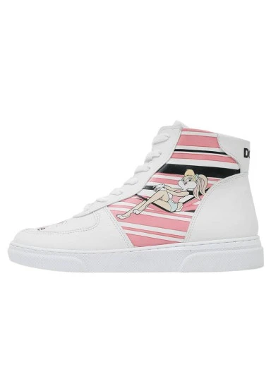 Women Vegan Leather White High Top Sneakers - Warner Bros Love is Pure Bugs Bunny Design - 