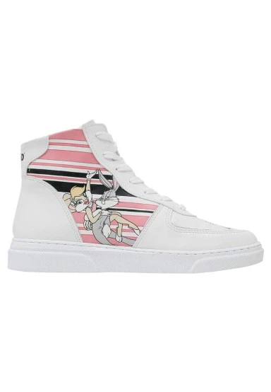 Women Vegan Leather White High Top Sneakers - Warner Bros Love is Pure Bugs Bunny Design - 