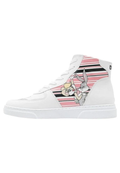 Women Vegan Leather White High Top Sneakers - Warner Bros Love is Pure Bugs Bunny Design - 