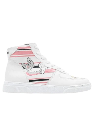 Women Vegan Leather White High Top Sneakers - Warner Bros Love is Pure Bugs Bunny Design - 
