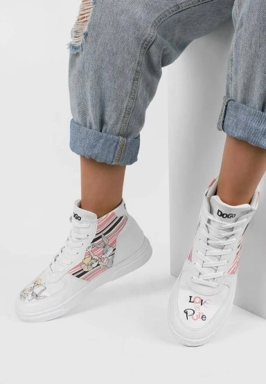 Women Vegan Leather White High Top Sneakers - Warner Bros Love is Pure Bugs Bunny Design - 