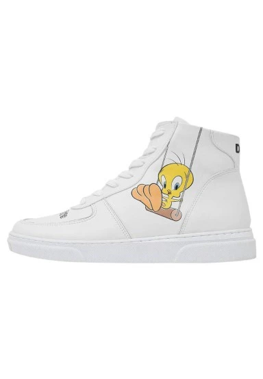 Women Vegan Leather White High Top Sneakers - Warner Bros Tweety Classic Design - 