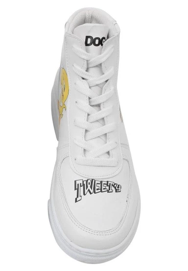 Women Vegan Leather White High Top Sneakers - Warner Bros Tweety Classic Design - 