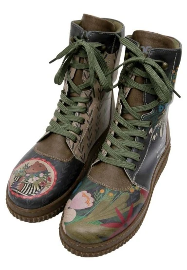 Women Vegan Leather Khaki Long Boots - Bear and Flowers Design - 