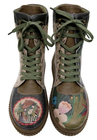 Women Vegan Leather Khaki Long Boots - Bear and Flowers Design - 