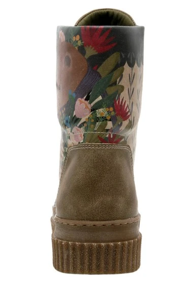 Women Vegan Leather Khaki Long Boots - Bear and Flowers Design - 