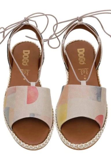 Women Vegan Leather Beige Lace Up Sandals - Geometric Shapes Design - 