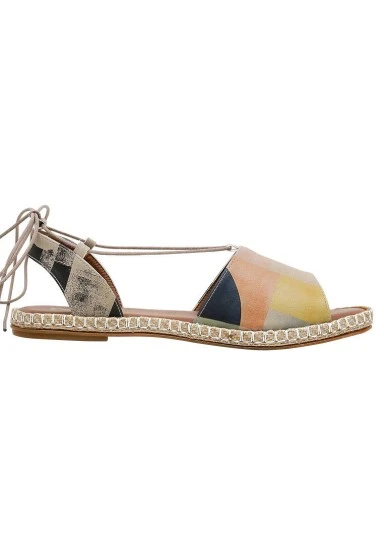 Women Vegan Leather Beige Lace Up Sandals - Geometric Shapes Design - 