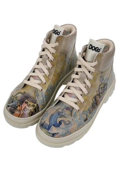 Women Vegan Leather Multicolor Boots - Cat Person Design - 