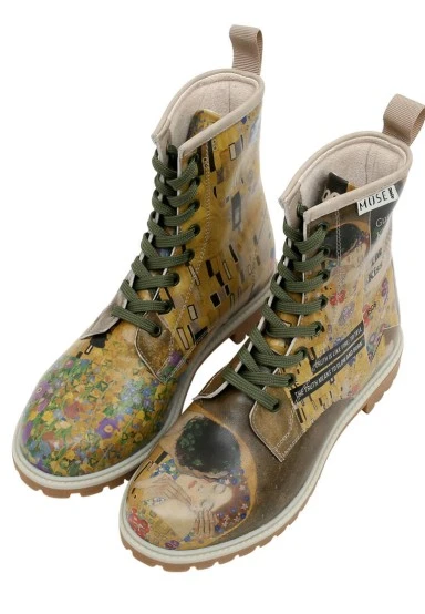 Women Vegan Leather Multicolor Long Boots - Gustav Klimt The Kiss Muse Design - 