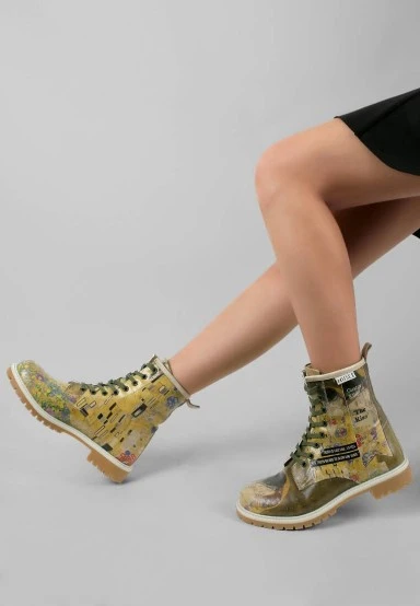 Women Vegan Leather Multicolor Long Boots - Gustav Klimt The Kiss Muse Design - 