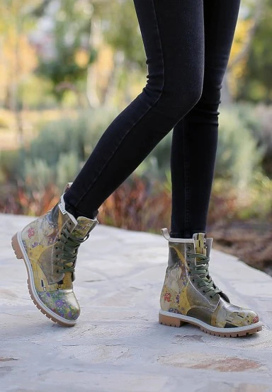 Women Vegan Leather Multicolor Long Boots - Gustav Klimt The Kiss Muse Design - 
