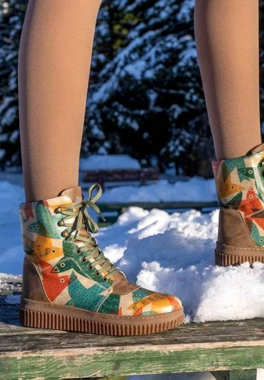 Women Vegan Leather Multicolor Long Boots - Together We Fly Design - 