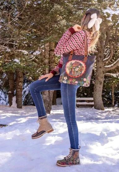 Women Vegan Leather Multicolor Long Boots - Bear and Flowers Design - 