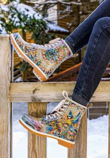 Women Vegan Leather Multicolor Long Boots - Mosaical Design - 