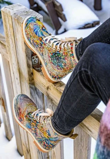 Women Vegan Leather Multicolor Long Boots - Mosaical Design - 