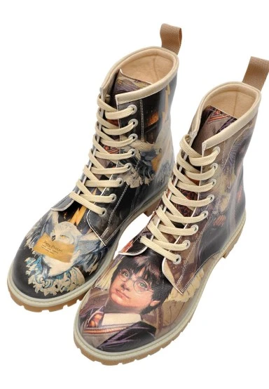 Women Vegan Leather Multicolor Long Boots - Warner Bros Harry and Hedwig Harry Potter Design - 