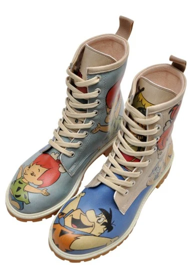 Women Vegan Leather Multicolor Long Boots - Warner Bros Family Rocks Flintstones Design - 