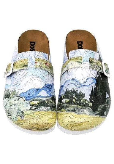 Women Vegan Leather Multicolor Slippers - Vincent van Gogh A Wheat Field with Cypresses Design - 