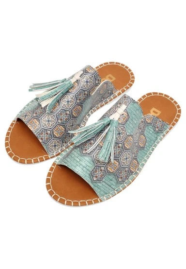 Women Vegan Leather Multicolor Slippers - Ethnic Faience Design - 