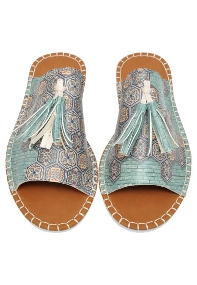 Women Vegan Leather Multicolor Slippers - Ethnic Faience Design - 