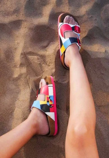 Women Vegan Leather Multicolor Slippers - Bauhaus Birdie Design - 