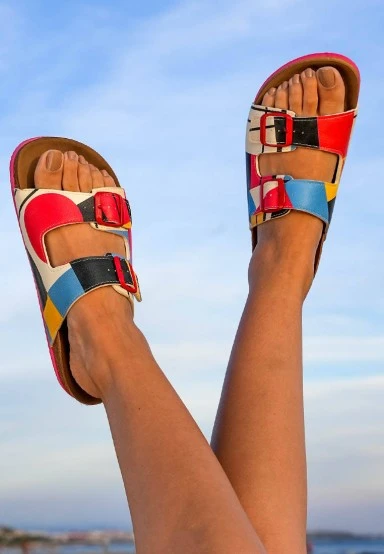 Women Vegan Leather Multicolor Slippers - Bauhaus Birdie Design - 