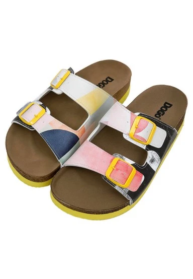 Women Vegan Leather Multicolor Slippers - Geometric Shapes Design - 