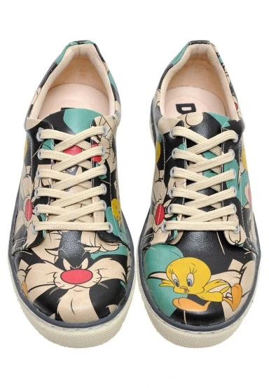 Women Vegan Leather Multicolor Sneakers - Warner Bros Catch Me If You Can Tweety Design - 