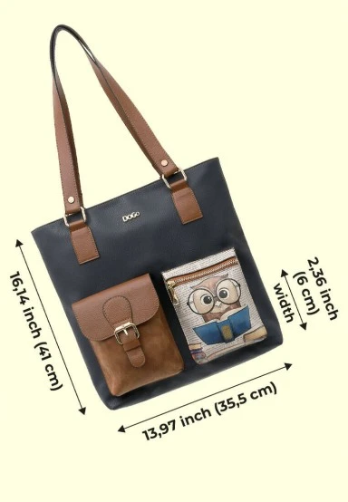 Women Vegan Leather Navy Shoulder Bag - The Wise Owl Design - 