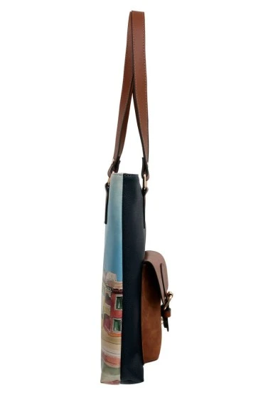 Women Vegan Leather Navy Shoulder Bag - Burano Island Design - 