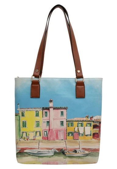 Women Vegan Leather Navy Shoulder Bag - Burano Island Design - 