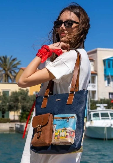 Women Vegan Leather Navy Shoulder Bag - Burano Island Design - 