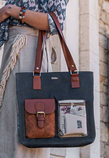 Dogo - Women Vegan Leather Navy Shoulder Bag - Paperflower Design