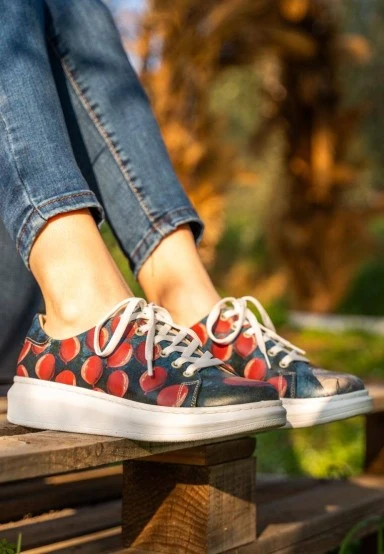 Women Vegan Leather Navy Sneakers - Bear With A Balloon Design - 