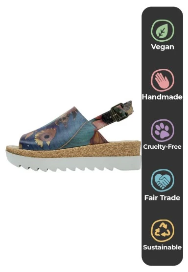 Women Vegan Leather Orange Wedge Sandals - Blooming Dog Design - 