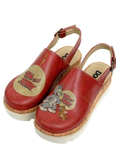 Women Vegan Leather Orange Kalın Taban Sandalet - Warner Bros Tom ve Jerry Design - 
