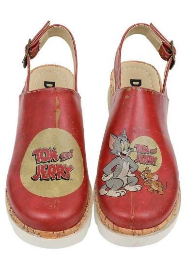 Women Vegan Leather Orange Kalın Taban Sandalet - Warner Bros Tom ve Jerry Design - 