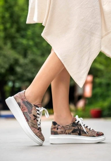 Women Vegan Leather Pink Sneakers - Spring in East Design - 