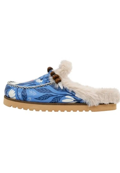 Women Vegan Leather Blue Plush Lined Slippers - Bunny Bloom Design - 