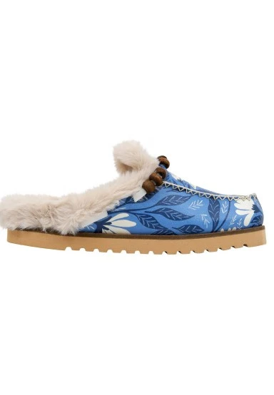 Women Vegan Leather Blue Plush Lined Slippers - Bunny Bloom Design - 