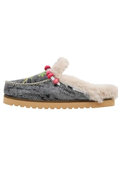Women Vegan Leather Cream Plush Lined Slippers - The Night is Young Design - 