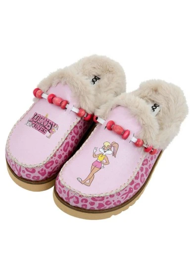 Women Vegan Leather Pink Plush Lined Slippers - Warner Bros Pink Leopard Lola Bunny Design - 