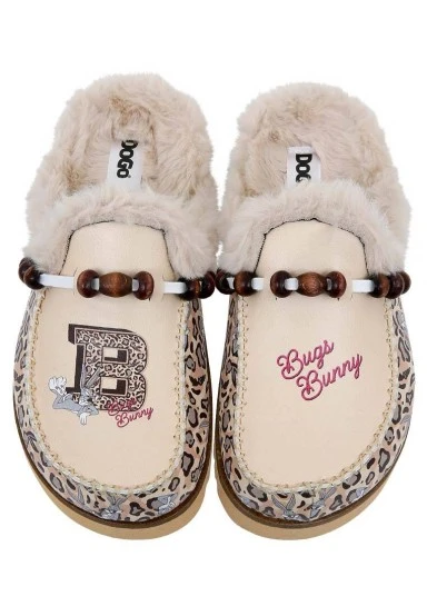 Women Vegan Leather Cream Plush Lined Slippers - Warner Bros Leopard Bugs Bunny Design - 