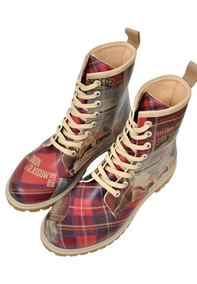 Women Vegan Leather Red Long Boots - Scottish Dining Car Design - 