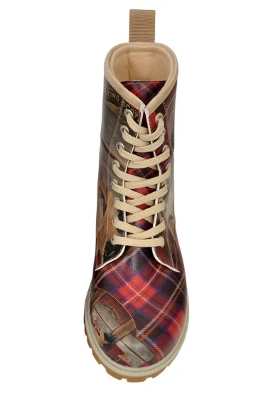 Women Vegan Leather Red Long Boots - Scottish Dining Car Design - 