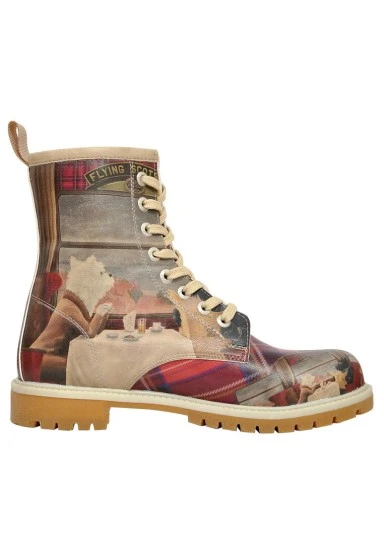 Women Vegan Leather Red Long Boots - Scottish Dining Car Design - 
