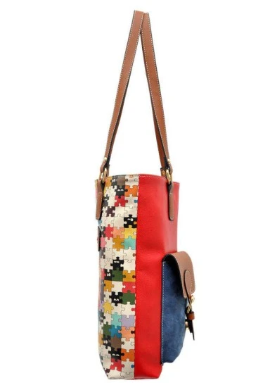 Women Vegan Leather Red Shoulder Bag - In the puzzle Design - 