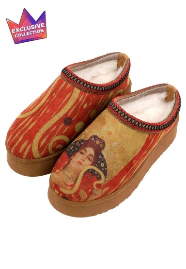 Women Vegan Leather Red Plush Lined Slippers - Shine Design - 