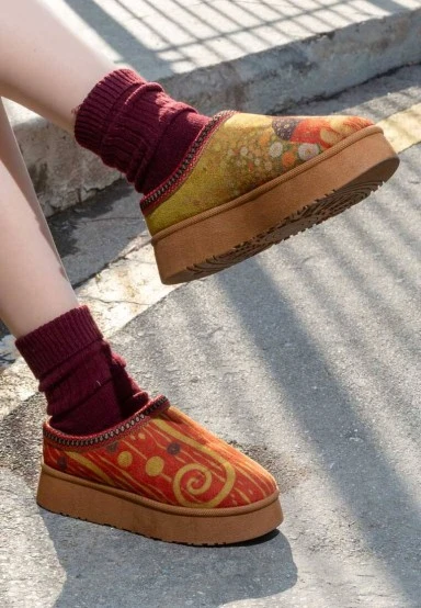 Women Vegan Leather Red Plush Lined Slippers - Shine Design - 